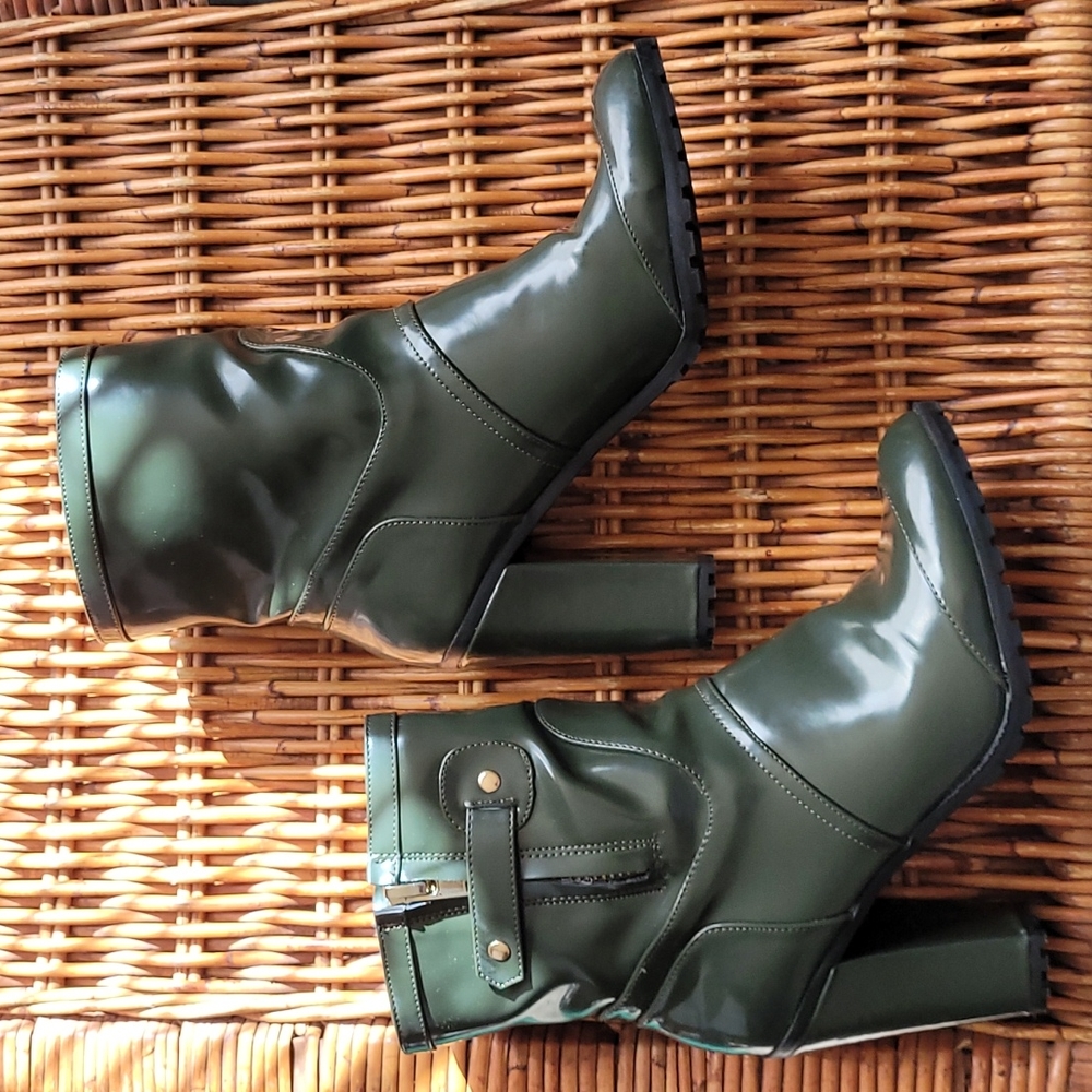 Olive Patent Ankle Boots